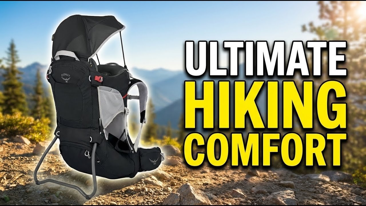 hero-78 Parent hiking with toddler in Osprey Poco Plus with sunshade deployed on a forest trail