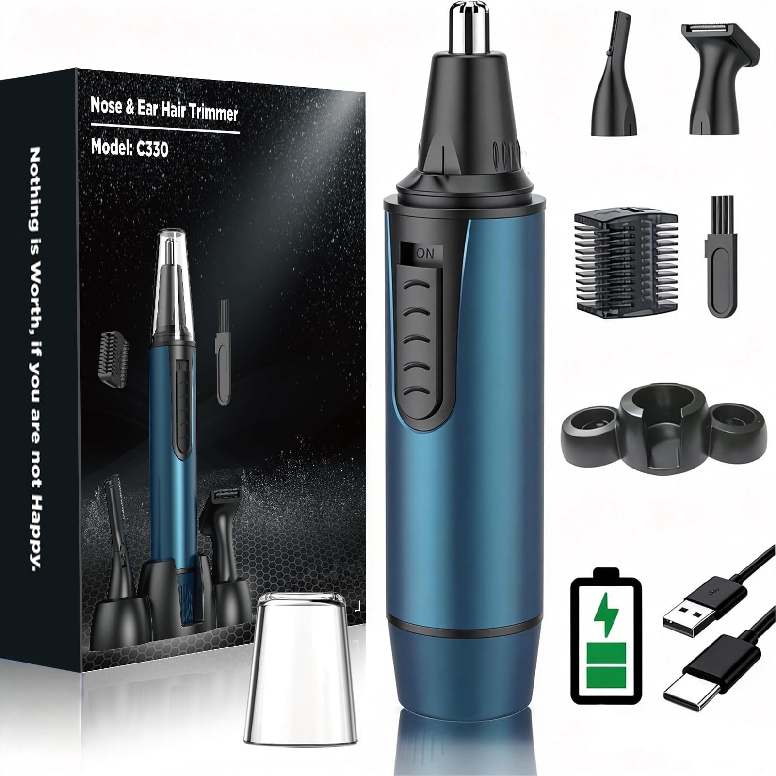 review-1-23 AREYZIN nose hair trimmer showing the 360° dual-edge blade design and chrome black finish