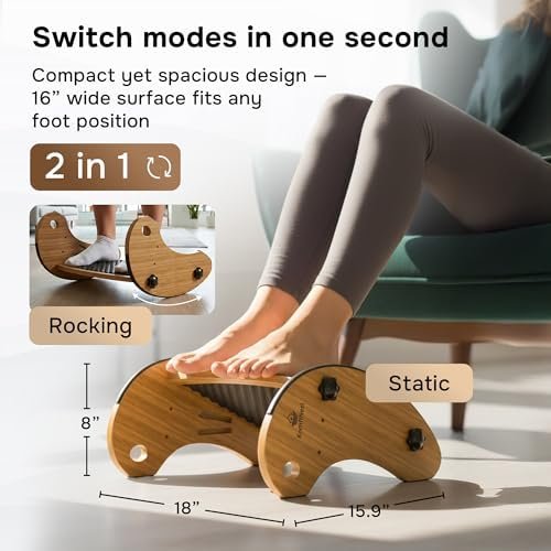 KomfiNest bamboo footrest showing the 2-in-1 rocking and static modes with its 18 by 15.9 inch dimensions