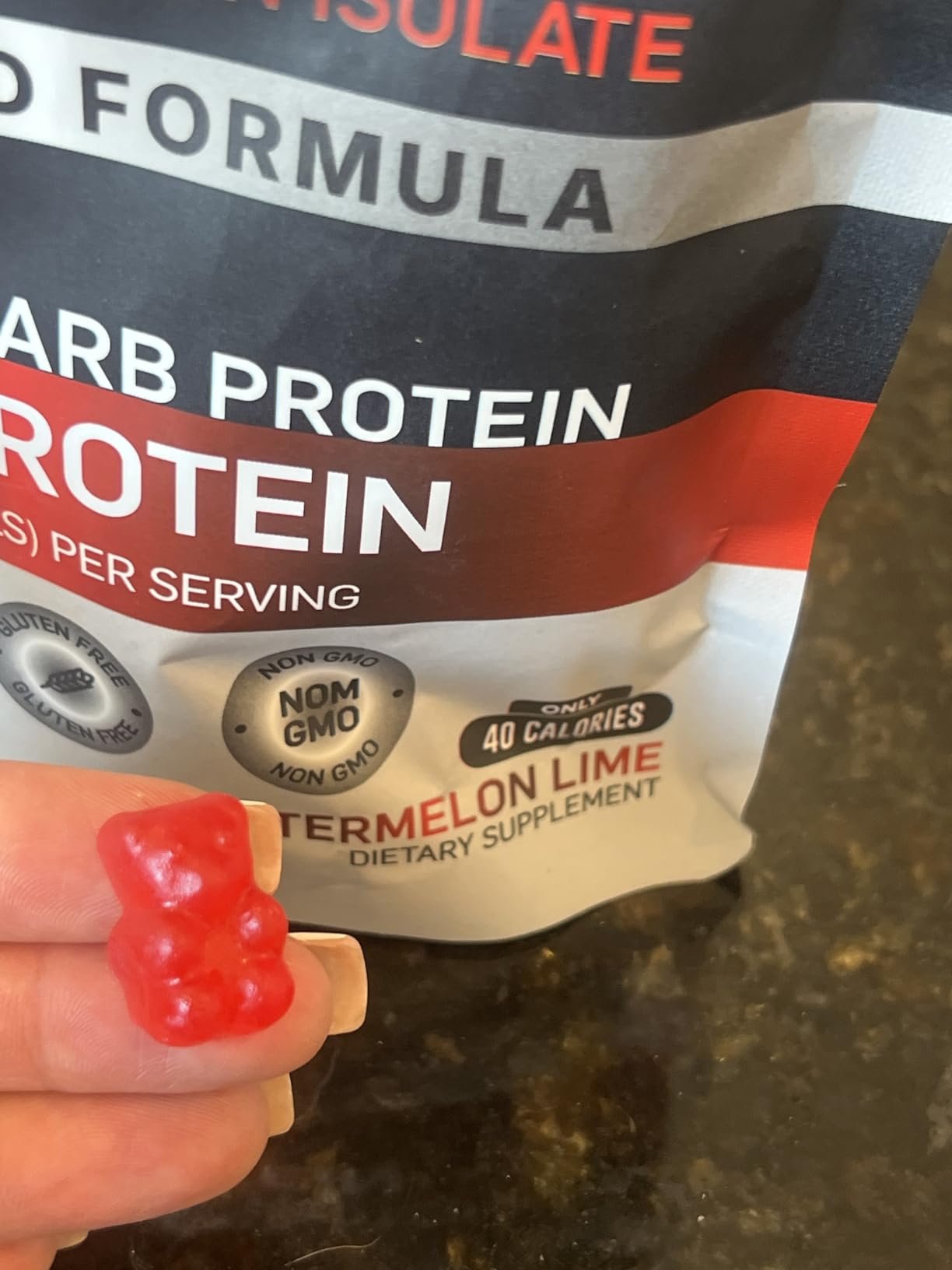 review-2-17 Supplement facts panel showing 10g protein per four-gummy serving