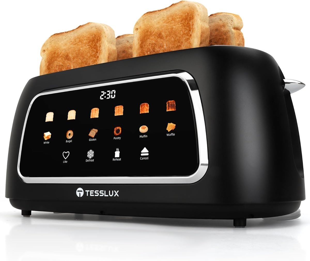 review-2-27 Tesslux touch screen toaster front view showing the 1.5-inch wide long slots and digital display